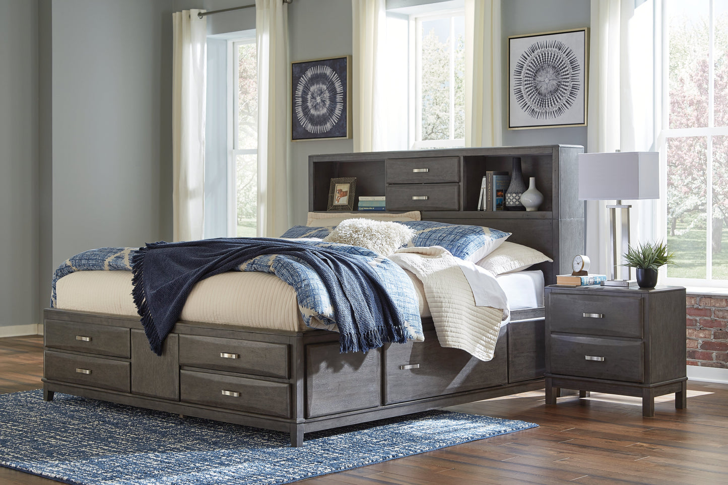 Caitbrook Gray California King Storage Bedroom Set with Dresser, Mirror, and Nighstand