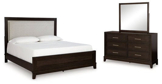 Neymorton Queen Upholstered Panel Bedroom Set with Dresser and Mirror