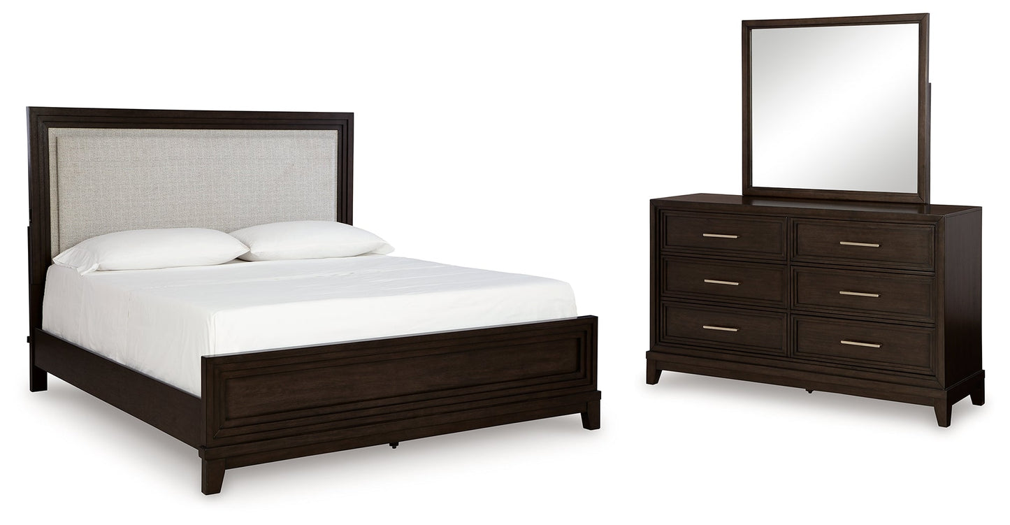 Neymorton California King Upholstered Panel Bedroom Set with Dresser and Mirror