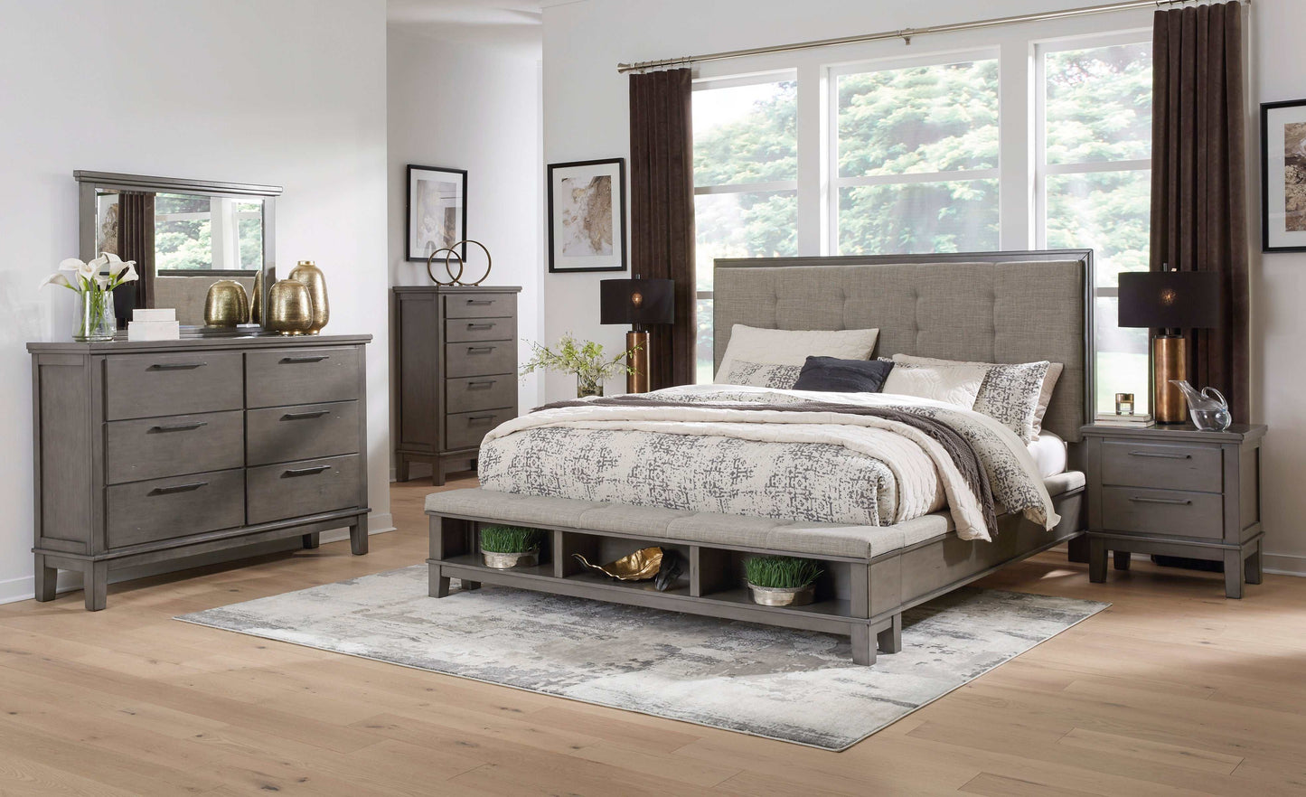 Hallanden Gray & Taupe Uph. Panel Bed w/ Storage Footboard