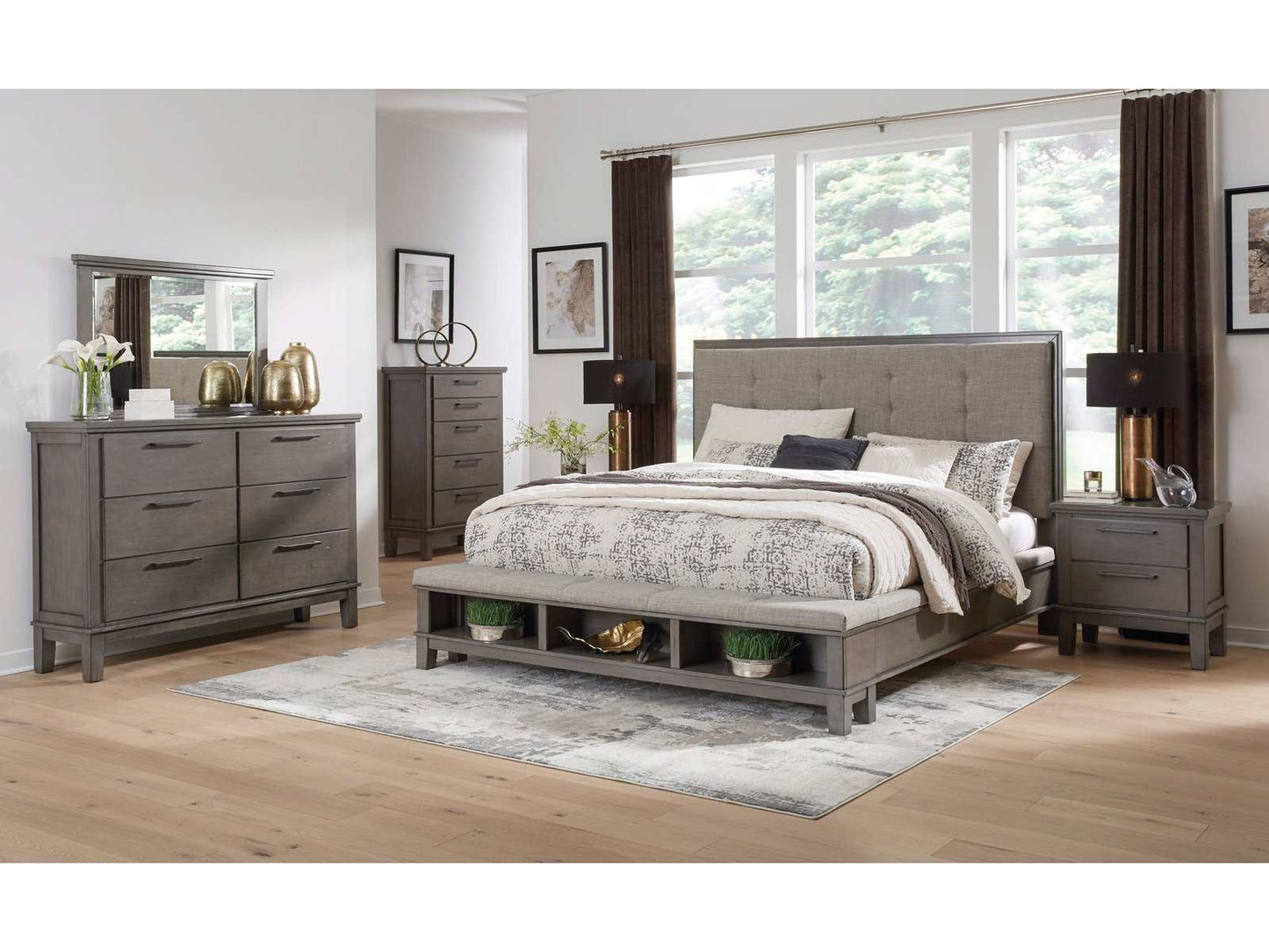 Hallanden Gray & Taupe Uph. Panel Bedroom Sets