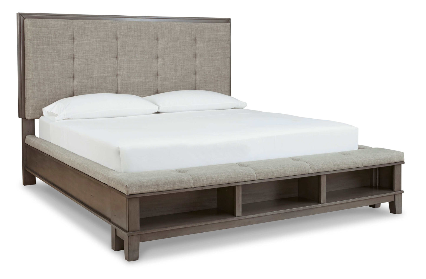 Hallanden Gray & Taupe Uph. Panel Bed w/ Storage Footboard