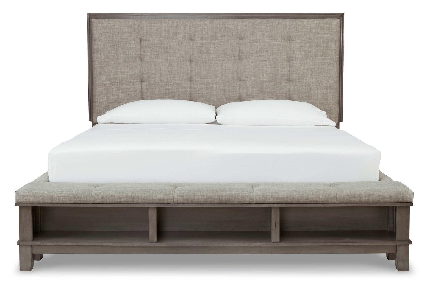 Hallanden Gray & Taupe Uph. Panel Bed w/ Storage Footboard