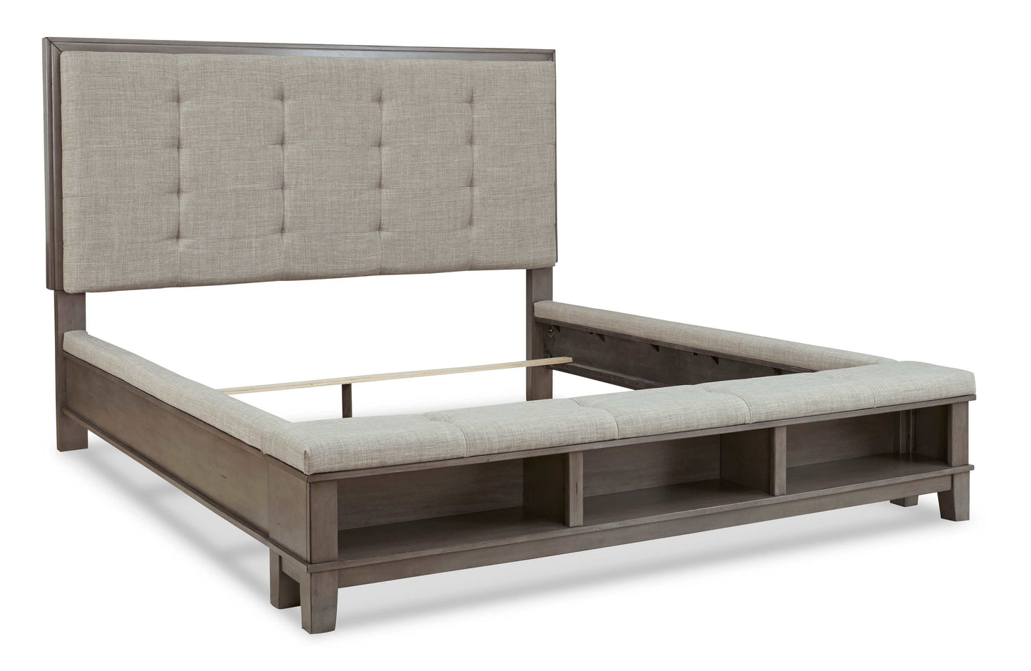 Hallanden Gray & Taupe Uph. Panel Bed w/ Storage Footboard