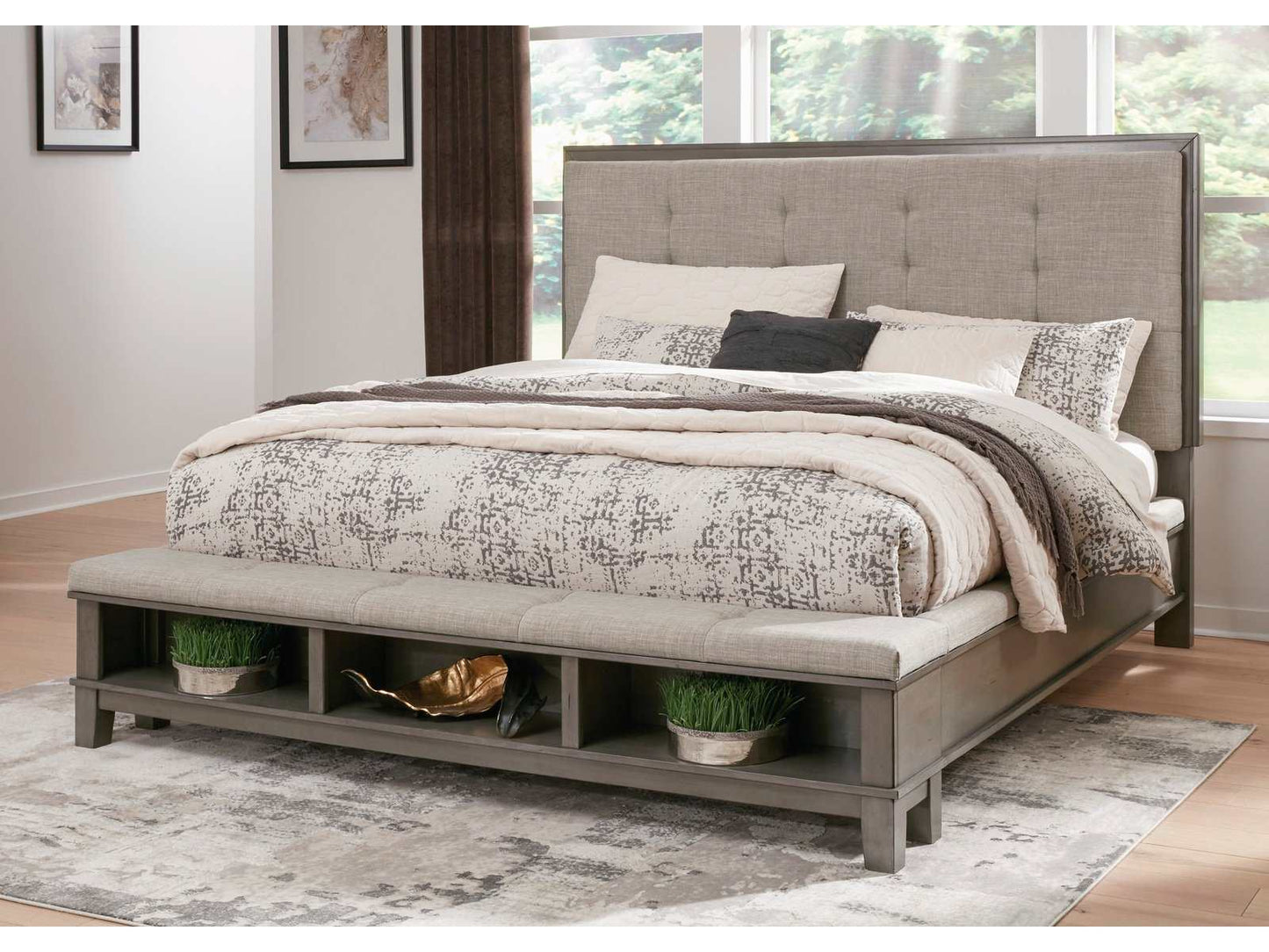 Hallanden Gray & Taupe Uph. Panel Bed w/ Storage Footboard