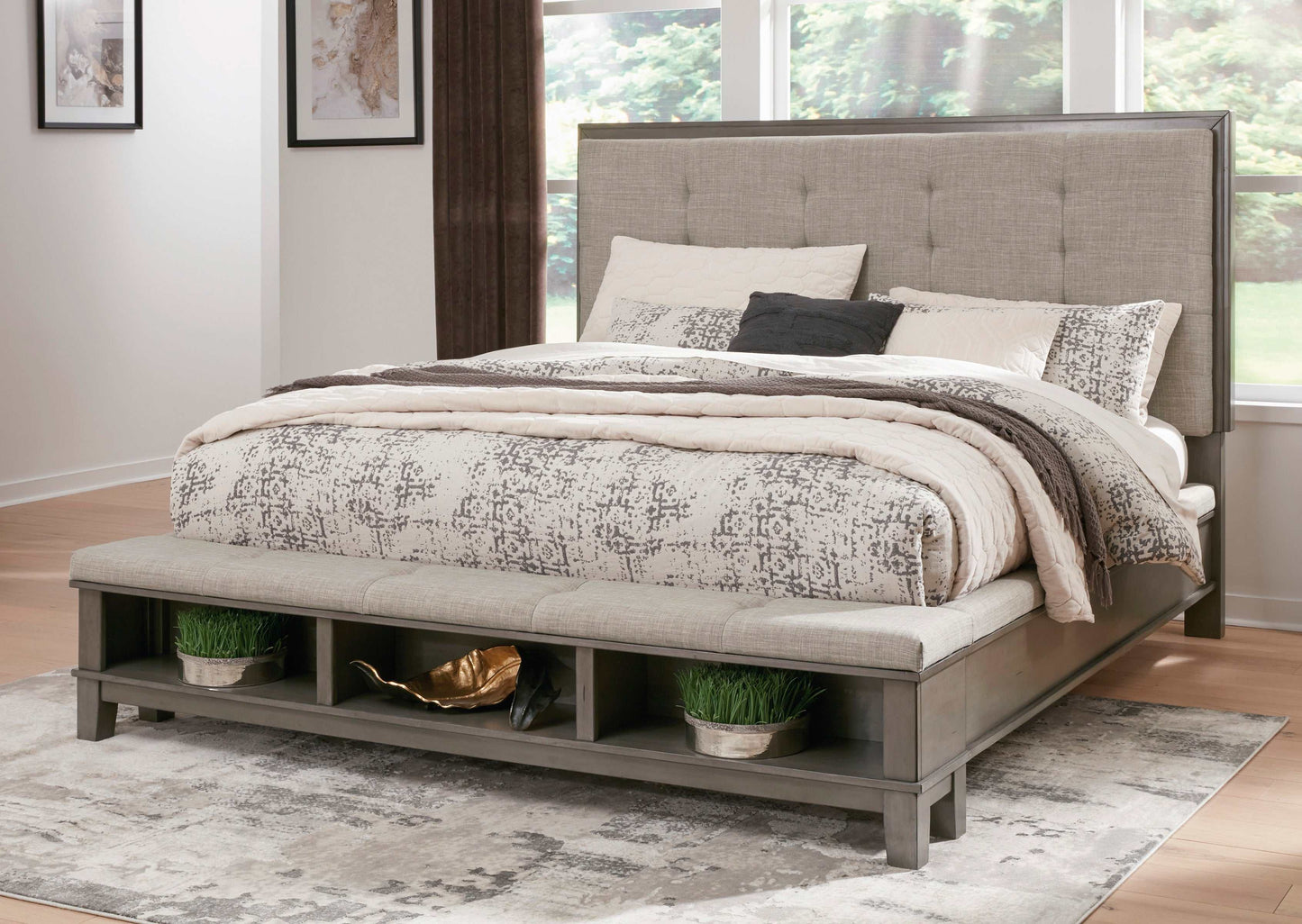 Hallanden Gray & Taupe Uph. Panel Bedroom Sets