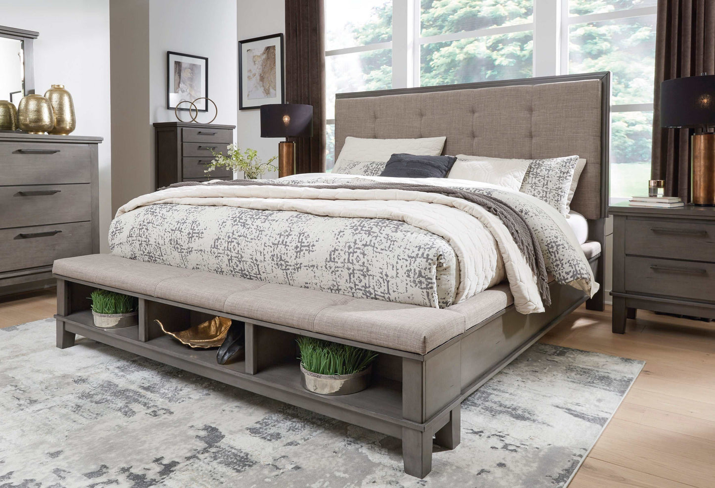 Hallanden Gray & Taupe Uph. Panel Bed w/ Storage Footboard