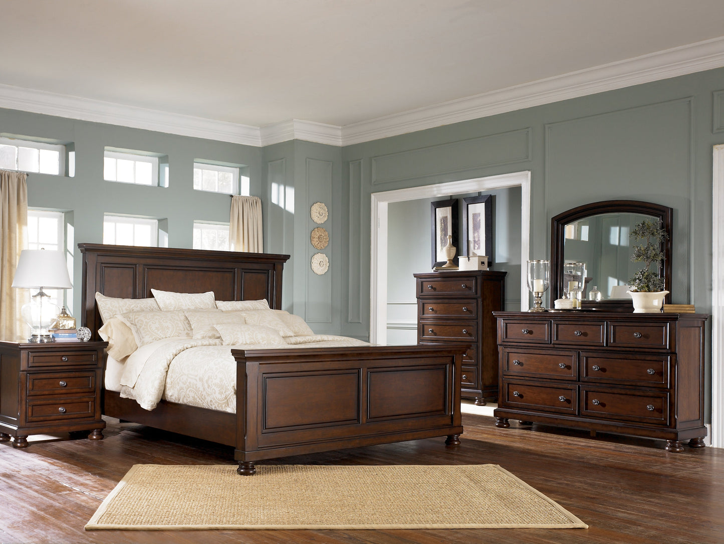 Porter Queen Panel Bedroom Set with Dresser, Mirror, Chest and 2 Nightstands