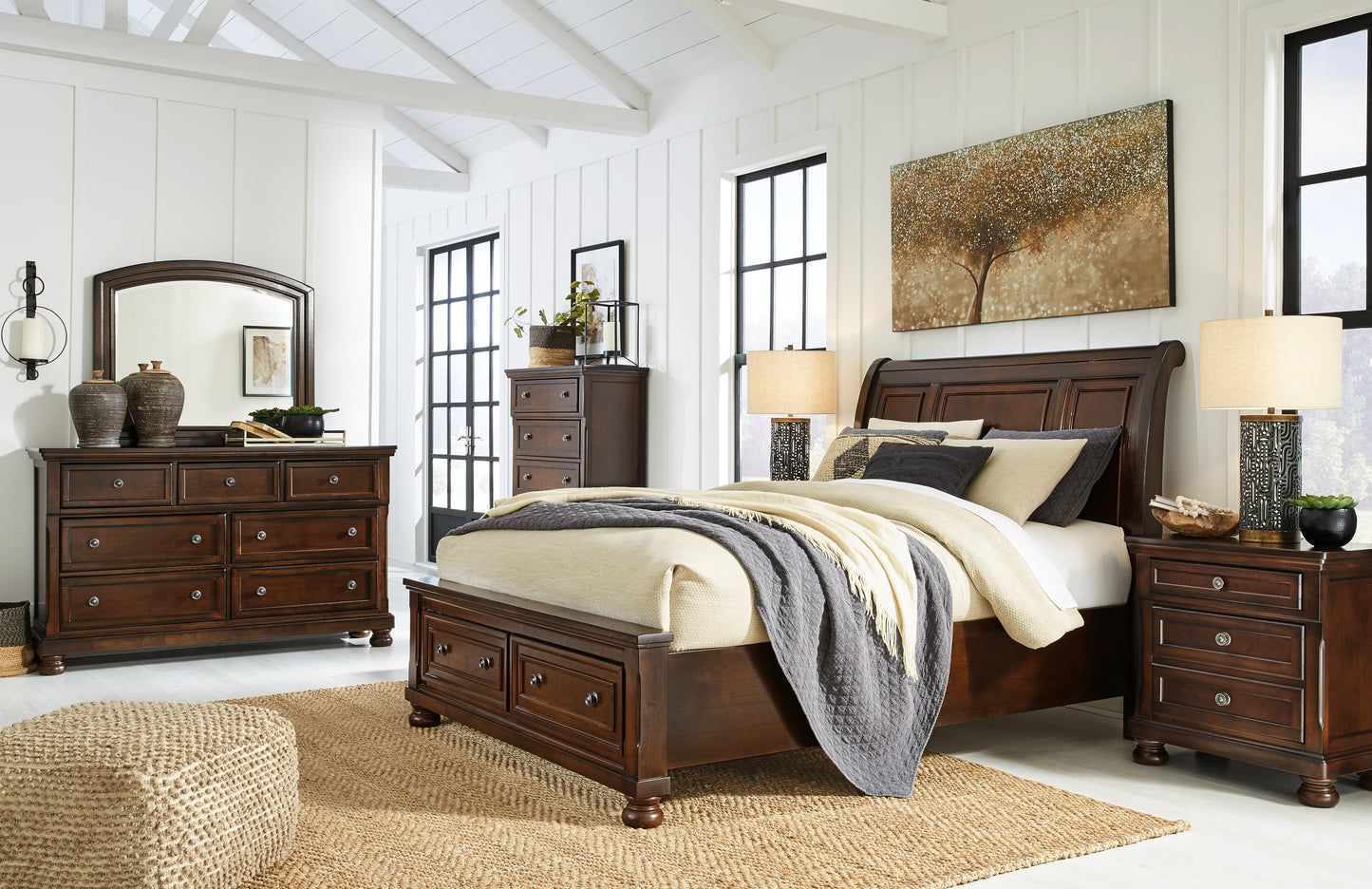 Porter Rustic Brown Queen Sleigh Storage Bedroom Set with Dresser, Mirror, Chest, and 2 Nightstands