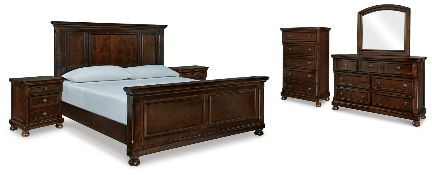 Porter California King Panel Bedroom Set with Dresser, Mirror, Chest and 2 Nightstands