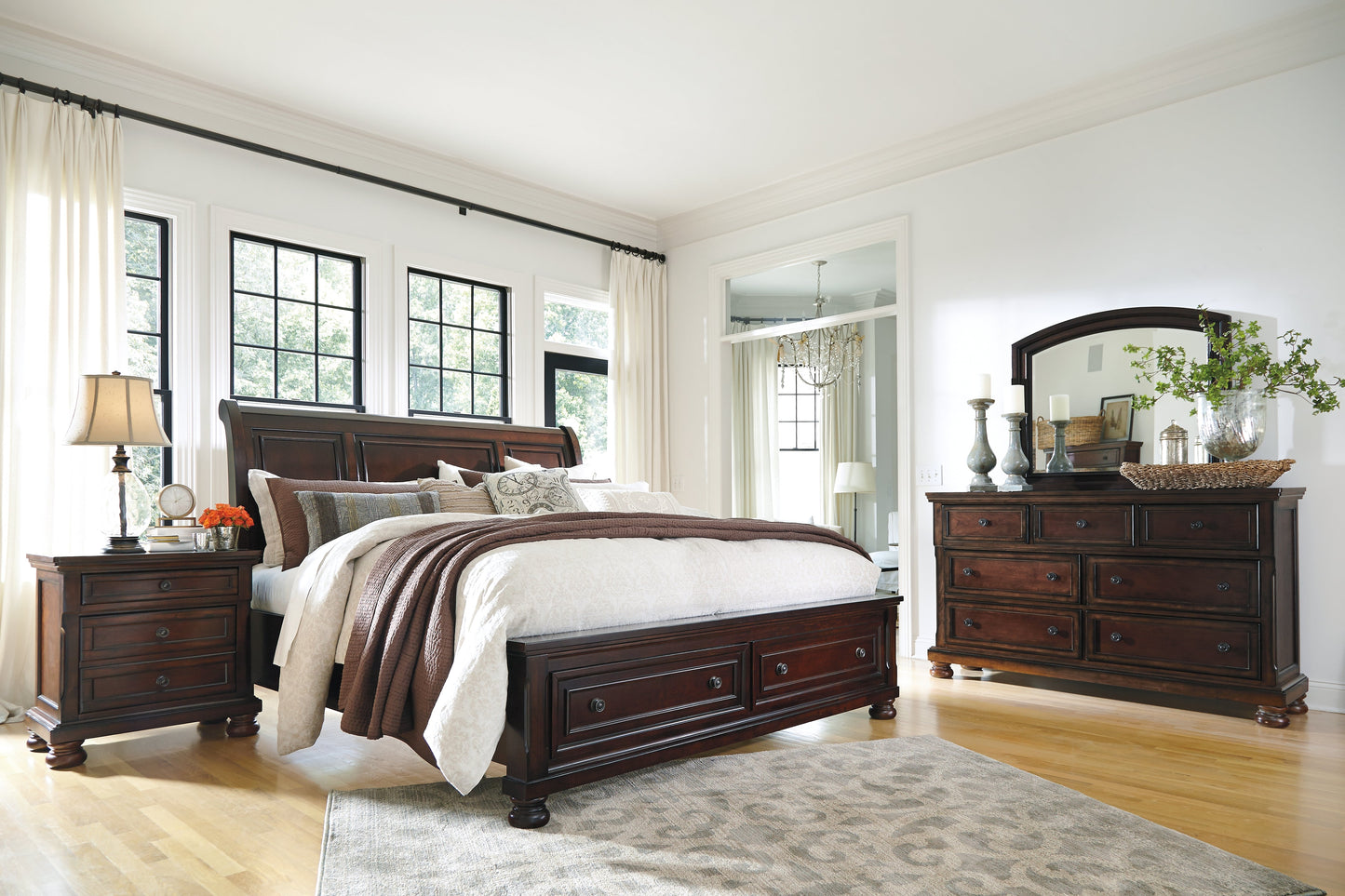 Porter Rustic Brown California King Sleigh Bedroom Set with Dresser, Mirror and Nightstand