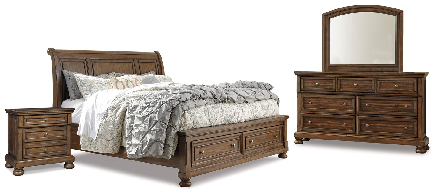 Flynnter Medium Brown Queen Sleigh Storage Bedroom Set with Dresser, Mirror and Nightstand