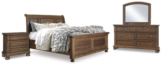 Flynnter Medium Brown Queen Sleigh Bedroom Set with Dresser, Mirror and 2 Nightstands