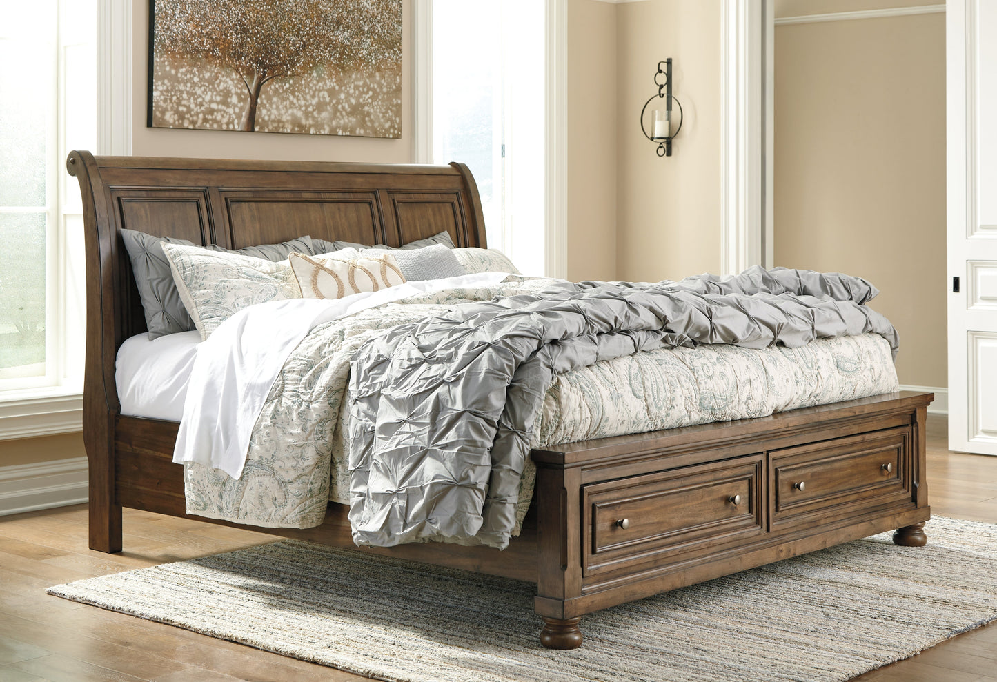 Flynnter Medium Brown Queen Sleigh Storage Bedroom Set with Dresser, Mirror and Nightstand