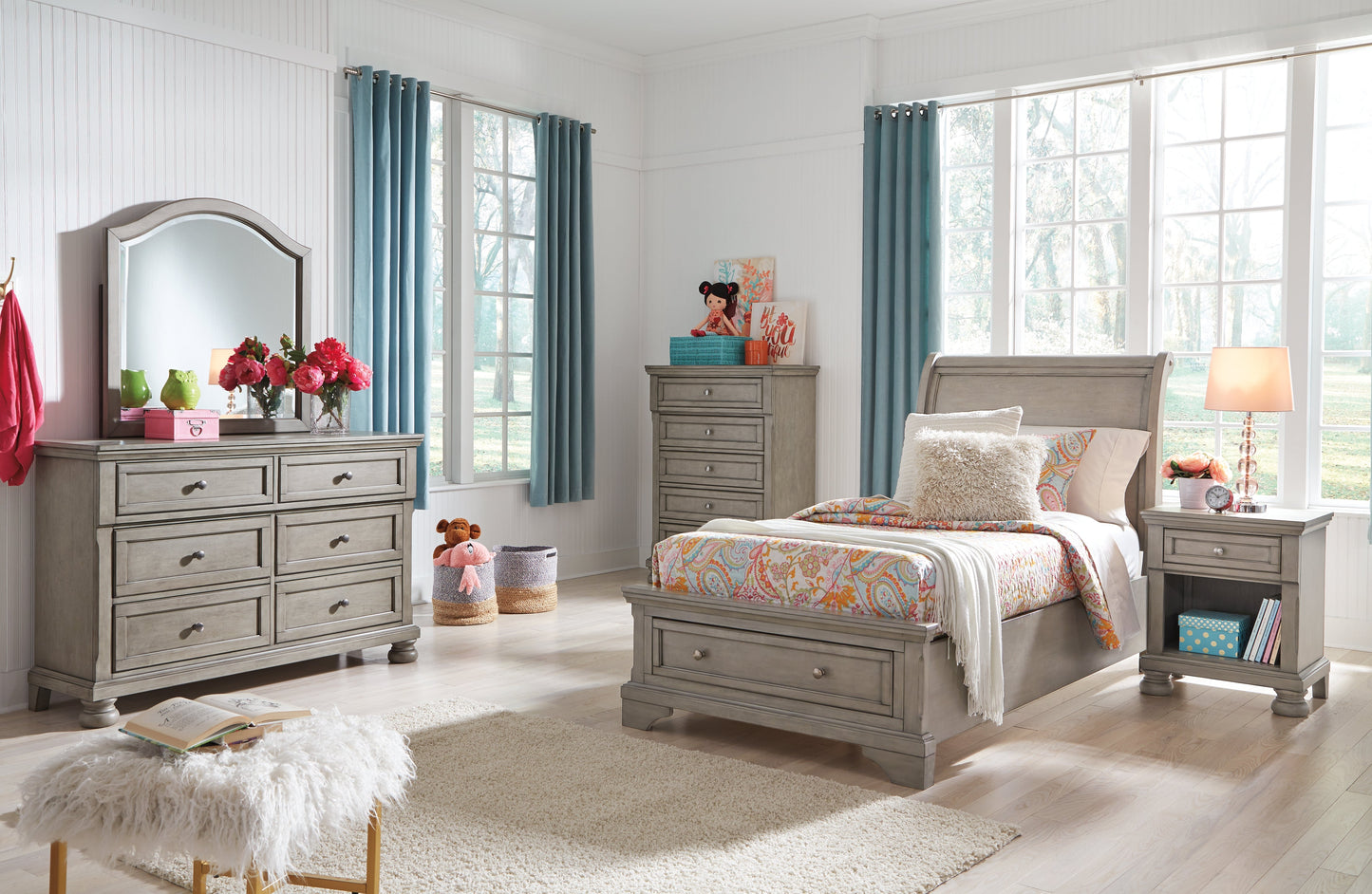 Lettner Light Gray Twin Sleigh Storage Bedroom Set with Dresser and Mirror