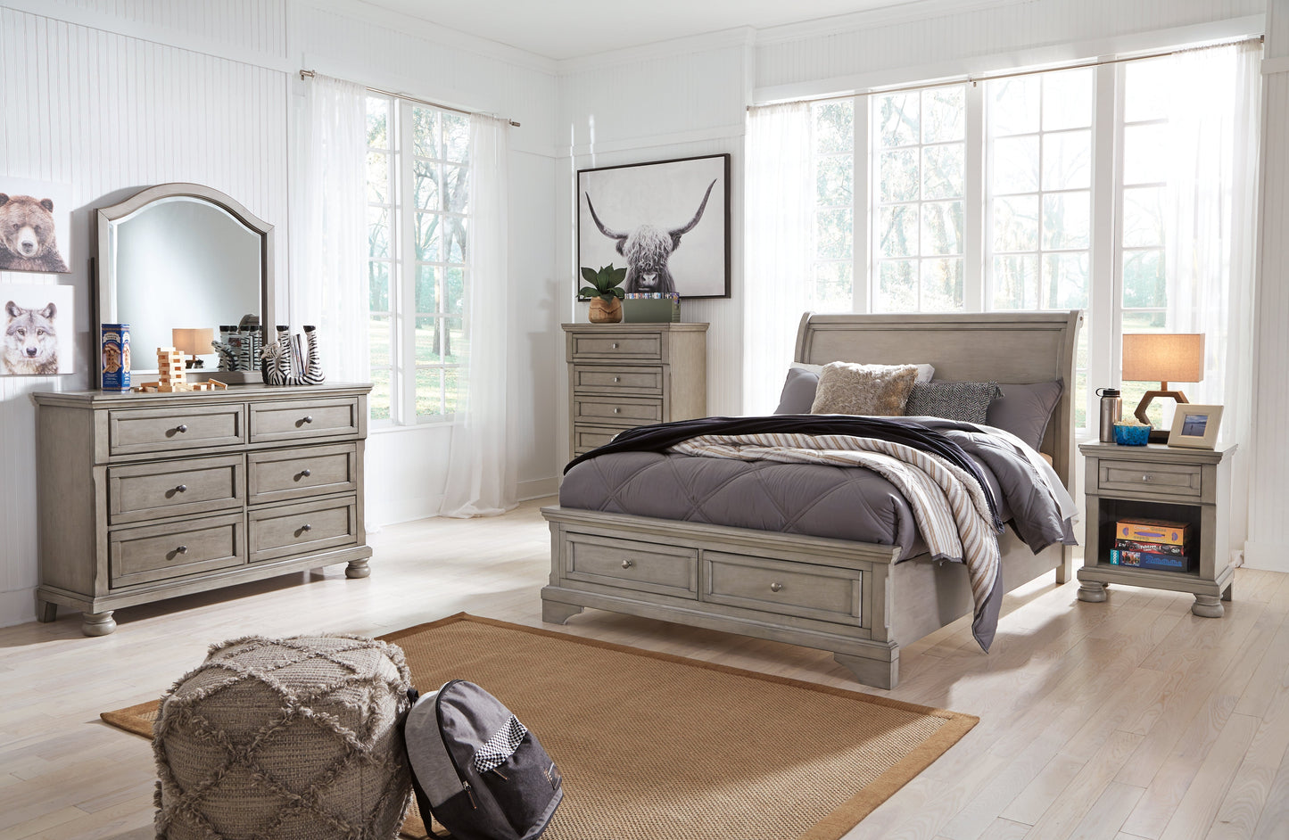 Lettner Light Gray Full Sleigh Storage Bedroom Set with Dresser and Mirror