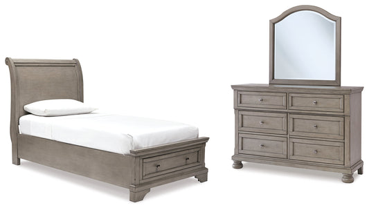 Lettner Light Gray Twin Sleigh Storage Bedroom Set with Dresser and Mirror