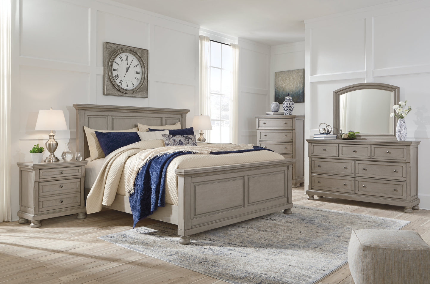 Lettner Light Gray King Panel Bedroom Set with Dresser, Mirror and 2 Nightstands