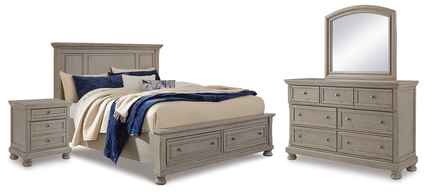 Lettner Light Gray Queen Panel Storage Bedroom Set with Dresser, Mirror and Nightstand