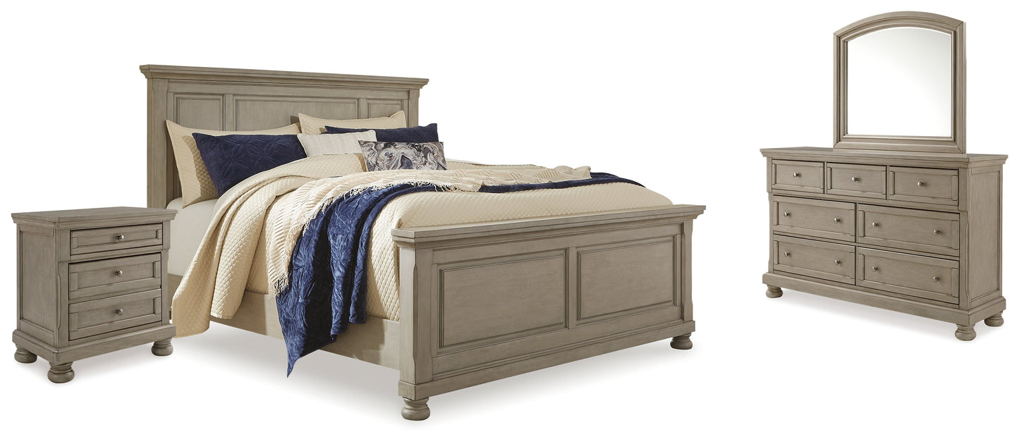 Lettner Light Gray King Panel Bedroom Set with Dresser, Mirror and 2 Nightstands