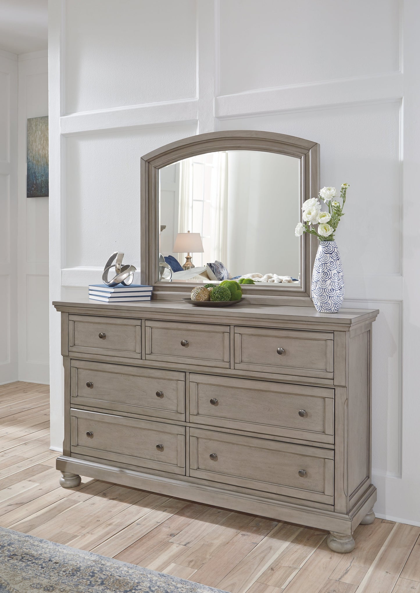 Lettner Light Gray King Panel Bedroom Set with Dresser, Mirror and 2 Nightstands