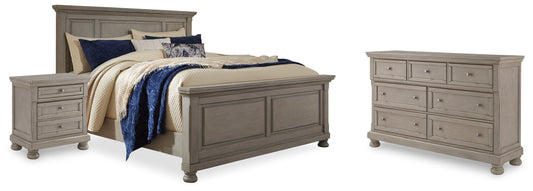 Lettner Light Gray Queen Panel Bedroom Set with Dresser, and Nightstand