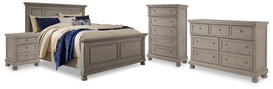 Lettner Light Gray California King Panel Bedroom Set with Dresser, Chest and 2 Nightstands