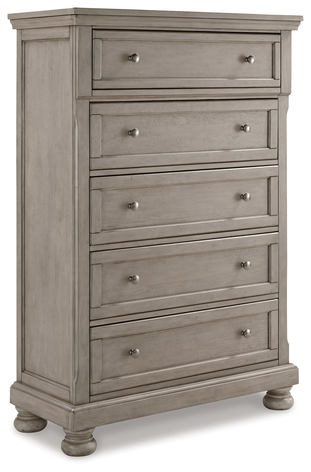 Lettner Light Gray California King Panel Bedroom Set with Dresser, Chest and 2 Nightstands