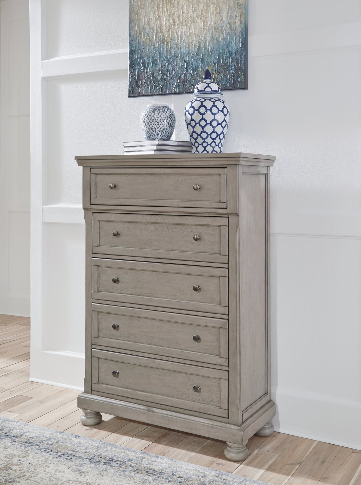 Lettner Light Gray California King Panel Bedroom Set with Dresser, Chest and 2 Nightstands