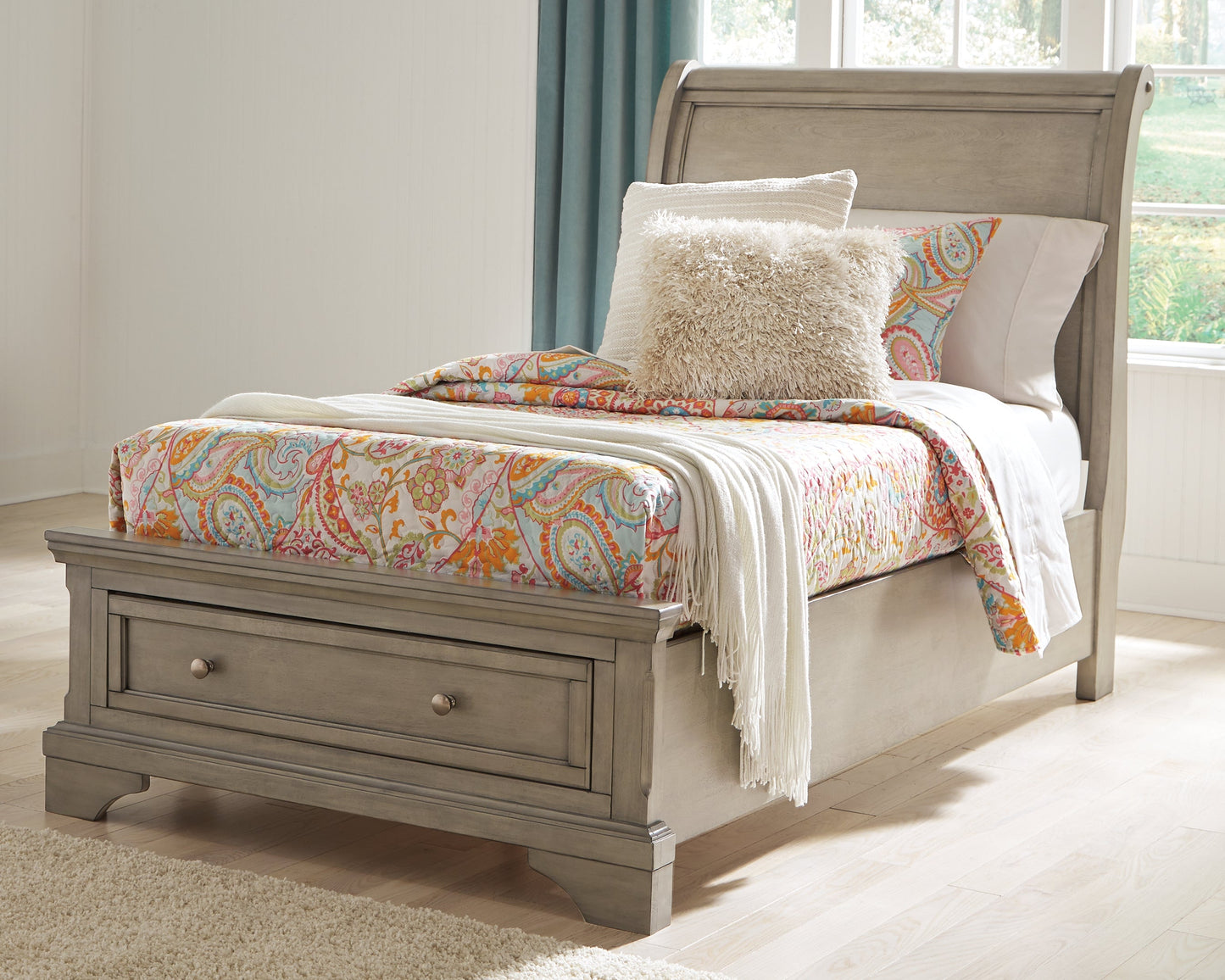 Lettner Light Gray Twin Sleigh Storage Bedroom Set with Dresser and Mirror