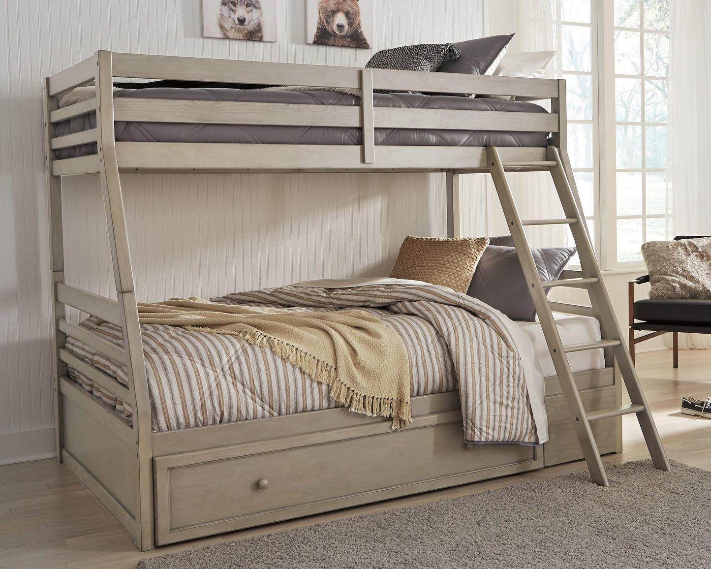 Lettner Light Gray Twin over Full Bunk Bedroom Set with Dresser