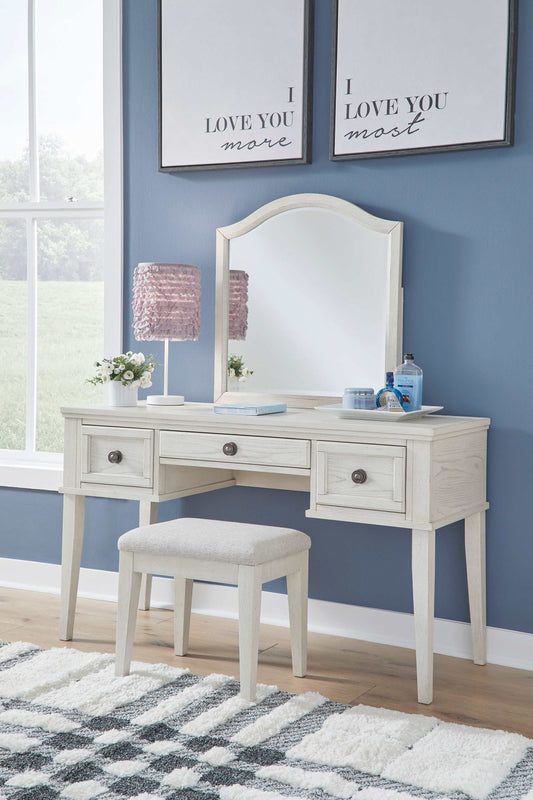 Robbinsdale Antique White Mirrored Vanity Desk w/ Stool