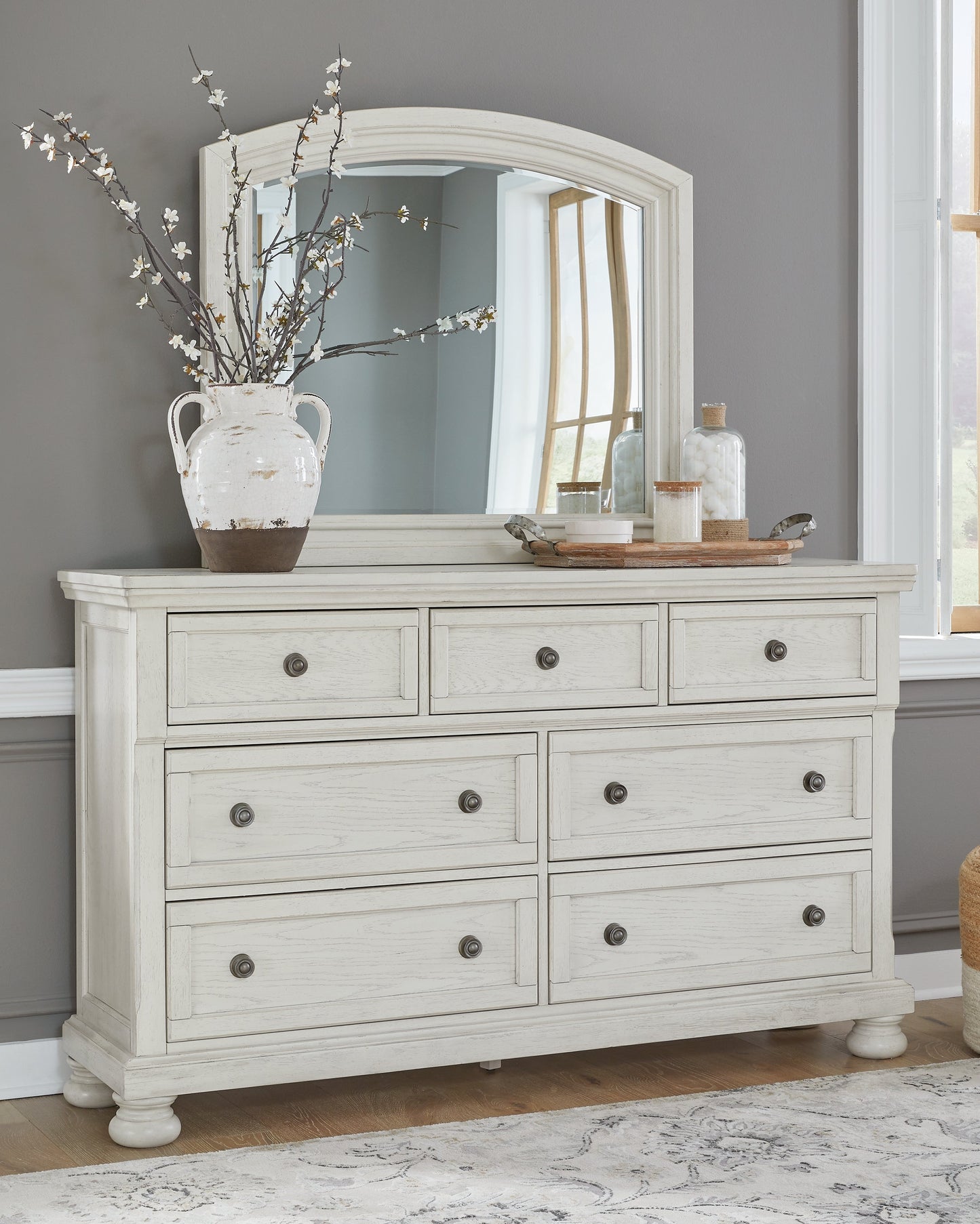 Robbinsdale White Queen Panel Storage Bedroom Set with Dresser, Mirror and Chest