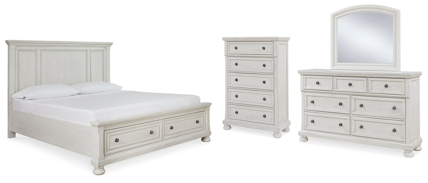 Robbinsdale White Queen Panel Storage Bedroom Set with Dresser, Mirror and Chest