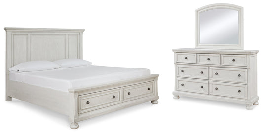 Robbinsdale White Queen Panel Storage Bedroom Set with Dresser and Mirror