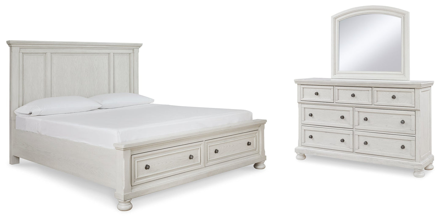 Robbinsdale White King Panel Storage Bedroom Set with Dresser and Mirror