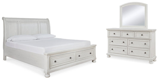 Robbinsdale White Queen Sleigh Storage Bedroom Set with Dresser and Mirror