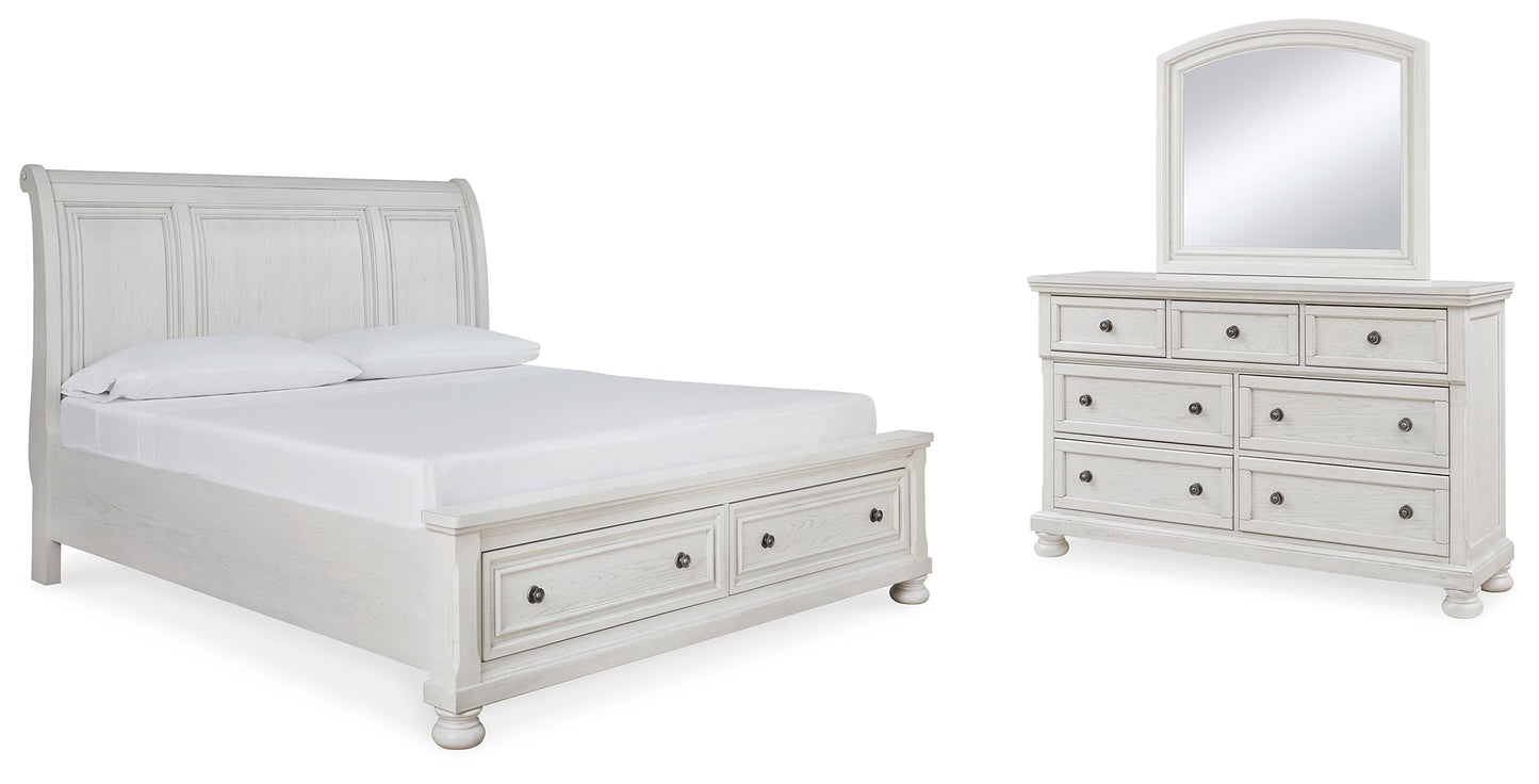 Robbinsdale White King Sleigh Storage Bedroom Set with Dresser and Mirror