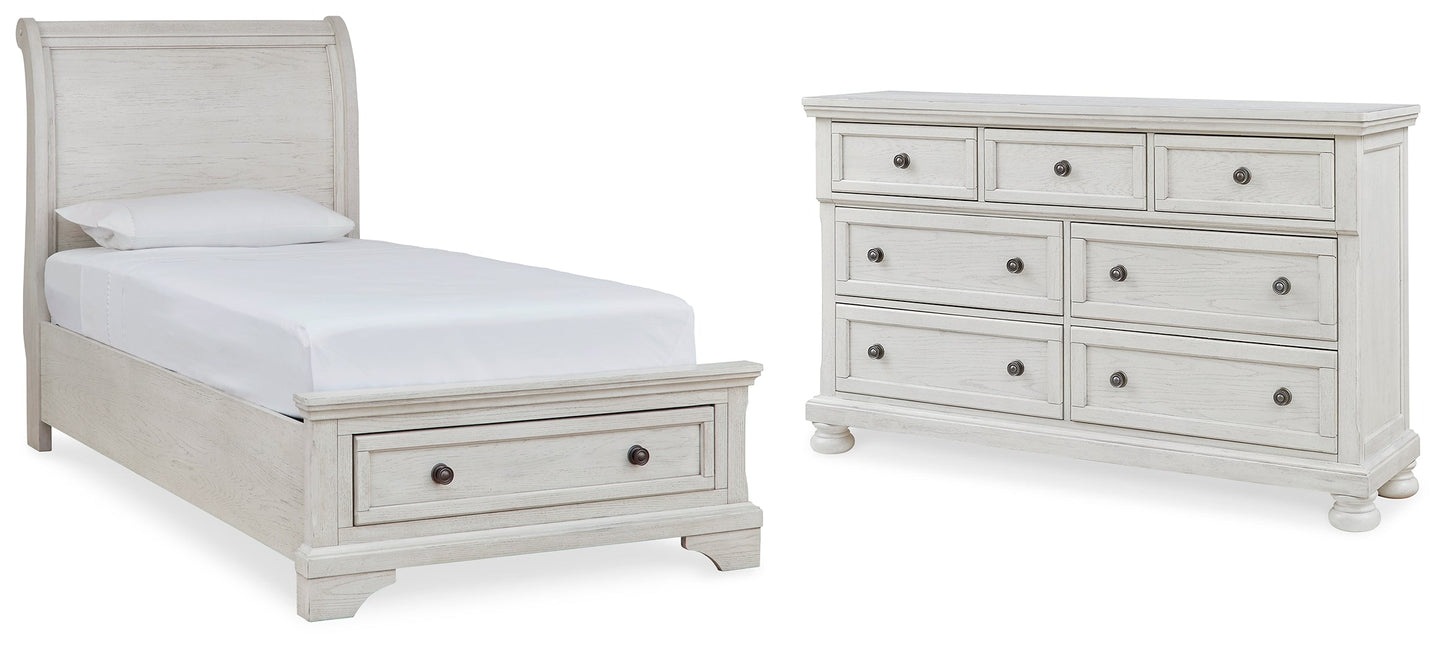 Robbinsdale White Twin Sleigh Storage Bedroom Set with Dresser