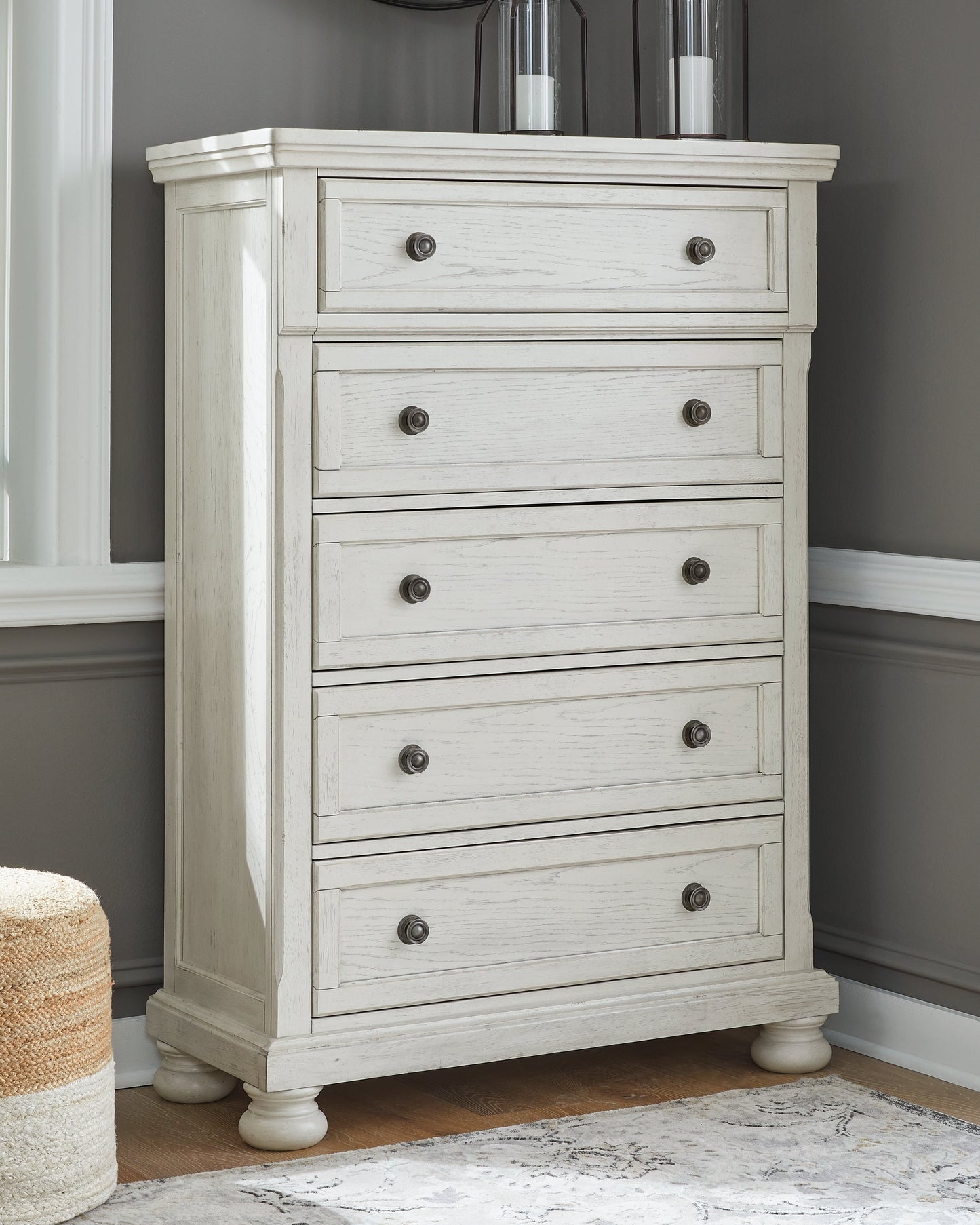 Robbinsdale White Queen Panel Storage Bedroom Set with Dresser, Mirror and Chest