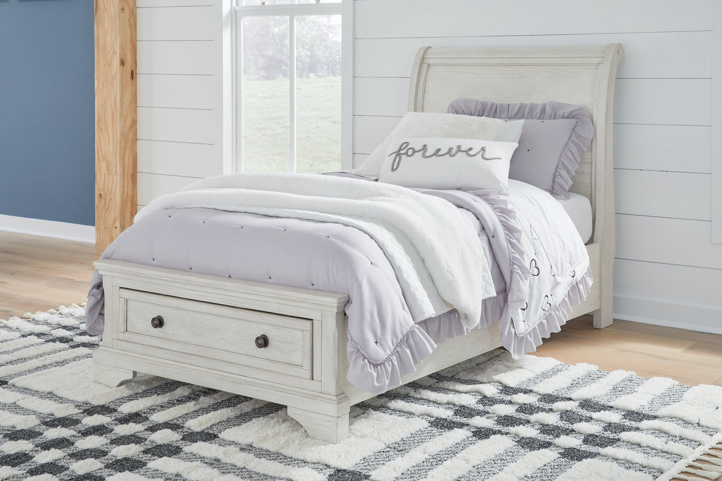 Robbinsdale White Twin Sleigh Storage Bedroom Set with Dresser