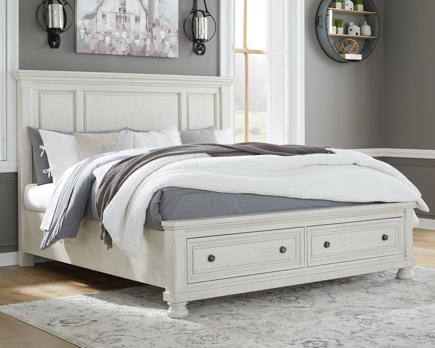 Robbinsdale White Queen Panel Storage Bedroom Set with Dresser and Mirror