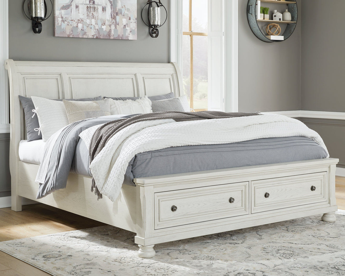 Robbinsdale White Queen Sleigh Storage Bedroom Set with Dresser and Mirror