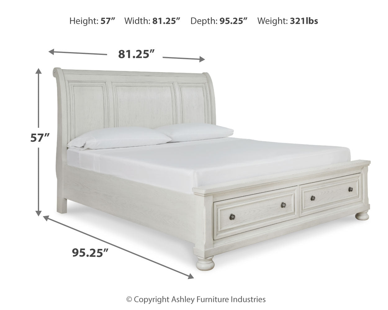 Robbinsdale White King Sleigh Storage Bedroom Set with Dresser and Mirror