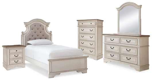 Realyn Two-tone Twin Panel Bedroom Set with Dresser, Mirror, Chest and Nightstand