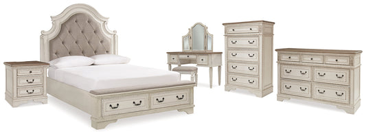 Realyn Two-tone Queen Upholstery Panel Bedroom Set with Dresser, Chest, Nightstand, and Vanity Set