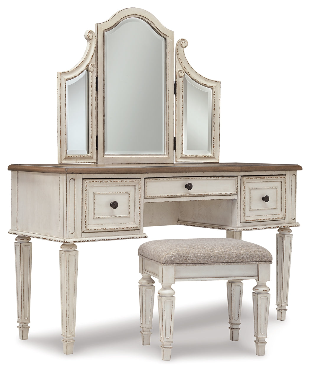 Realyn Two-tone Queen Upholstery Panel Bedroom Set with Dresser, Chest, Nightstand, and Vanity Set