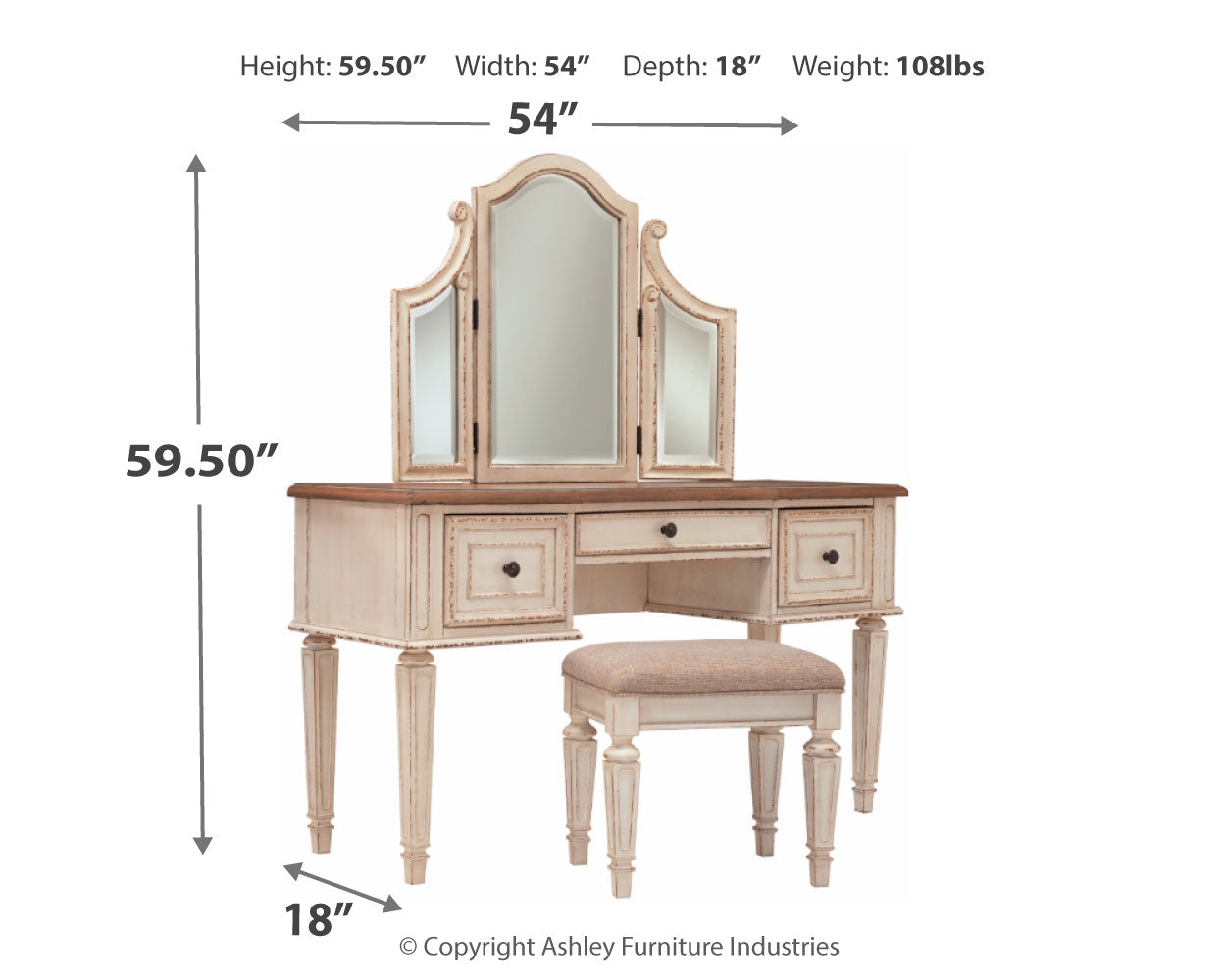 Realyn Two-tone Full Panel Bedroom Set with Dresser, Mirror, 3-Piece Vanity and Nightstand