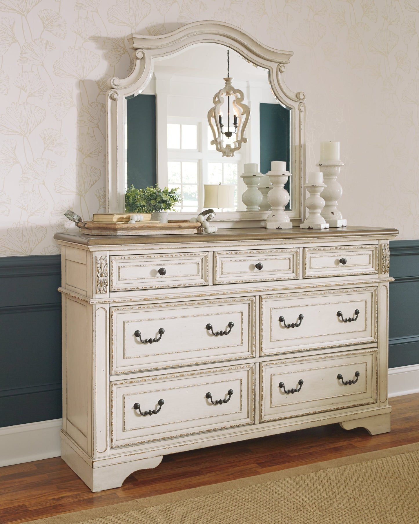 Realyn Two-tone Queen Panel Bedroom Set with Dresser, Mirror and Chest