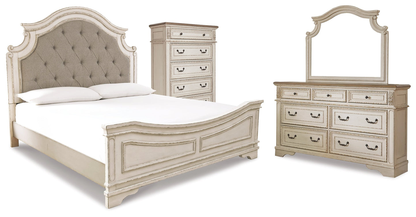 Realyn Two-tone Queen Panel Bedroom Set with Dresser, Mirror and Chest